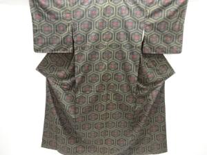 アンティーク　花亀甲模様手織り紬着物アンサンブル